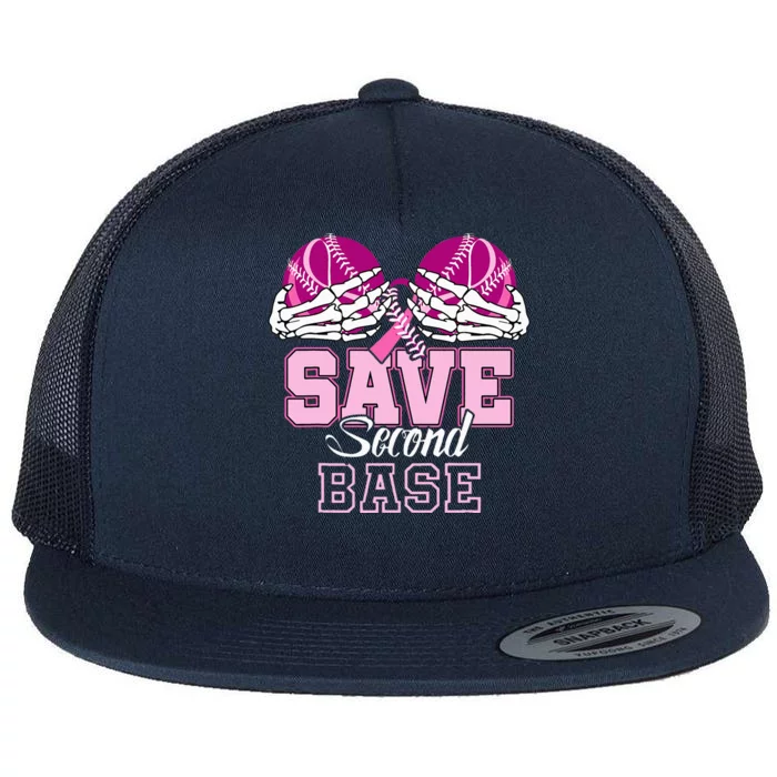 Save Second 2nd Base Funny Baseball Breast Cancer Awareness Flat Bill Trucker Hat