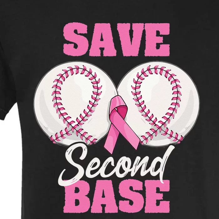 Save Second 2nd Base Funny Baseball Breast Cancer Awareness Garment-Dyed Heavyweight T-Shirt