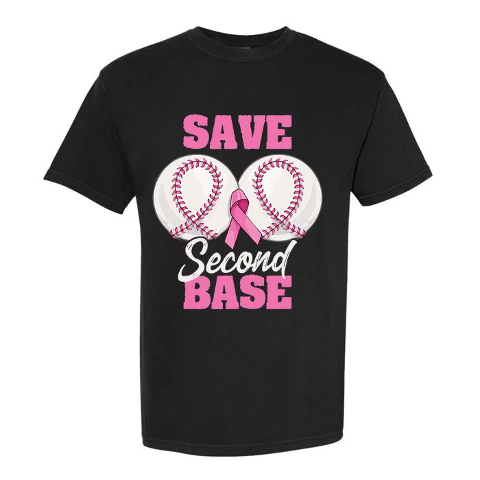 Save Second 2nd Base Funny Baseball Breast Cancer Awareness Garment-Dyed Heavyweight T-Shirt