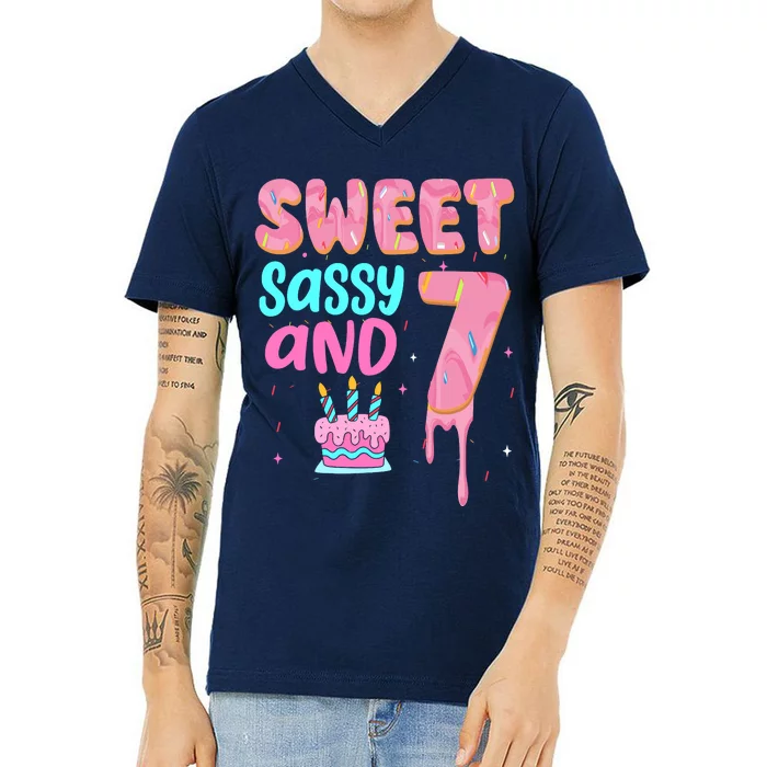 Sweet Sassy And Seven Birthday Girl Donut 7th Birthday V-Neck T-Shirt