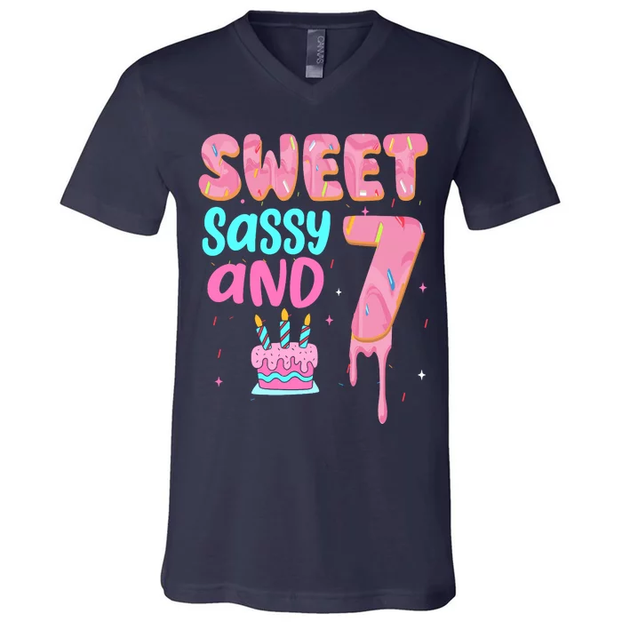 Sweet Sassy And Seven Birthday Girl Donut 7th Birthday V-Neck T-Shirt