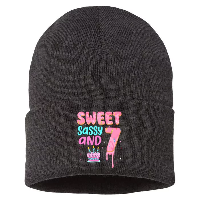 Sweet Sassy And Seven Birthday Girl Donut 7th Birthday Sustainable Knit Beanie