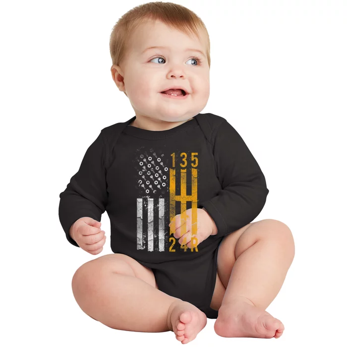 Stick Shift American Flag Muscle Car Mechanic Baby Long Sleeve Bodysuit