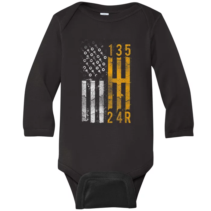 Stick Shift American Flag Muscle Car Mechanic Baby Long Sleeve Bodysuit