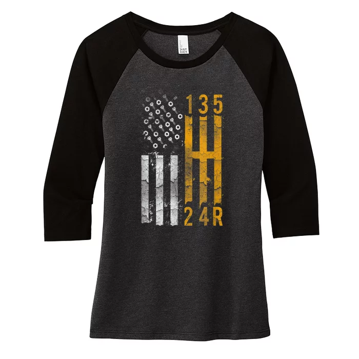 Stick Shift American Flag Muscle Car Mechanic Women's Tri-Blend 3/4-Sleeve Raglan Shirt