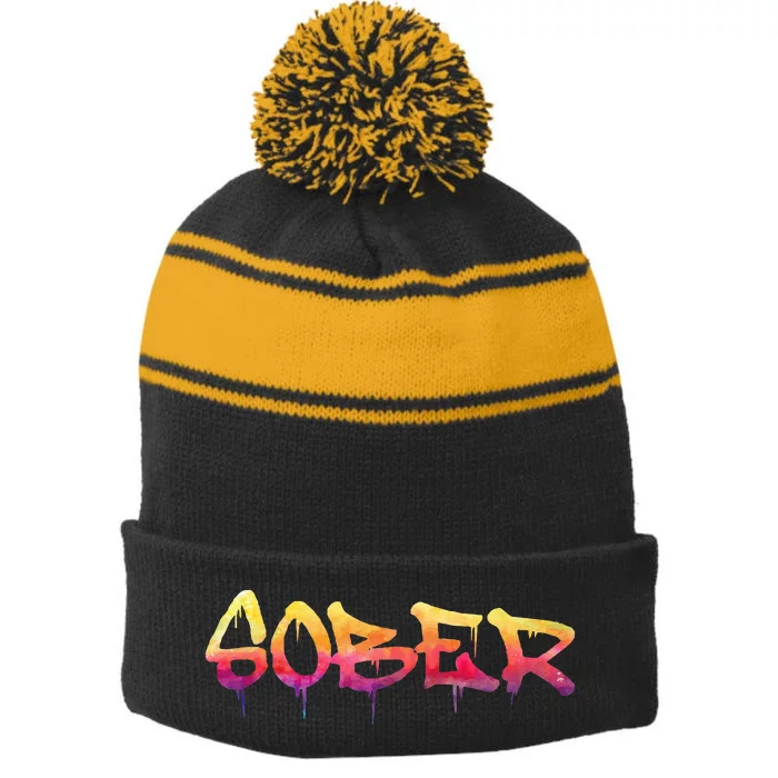 Sober Sobriety Anniversary Recovery Sober Aa Na Stripe Pom Pom Beanie