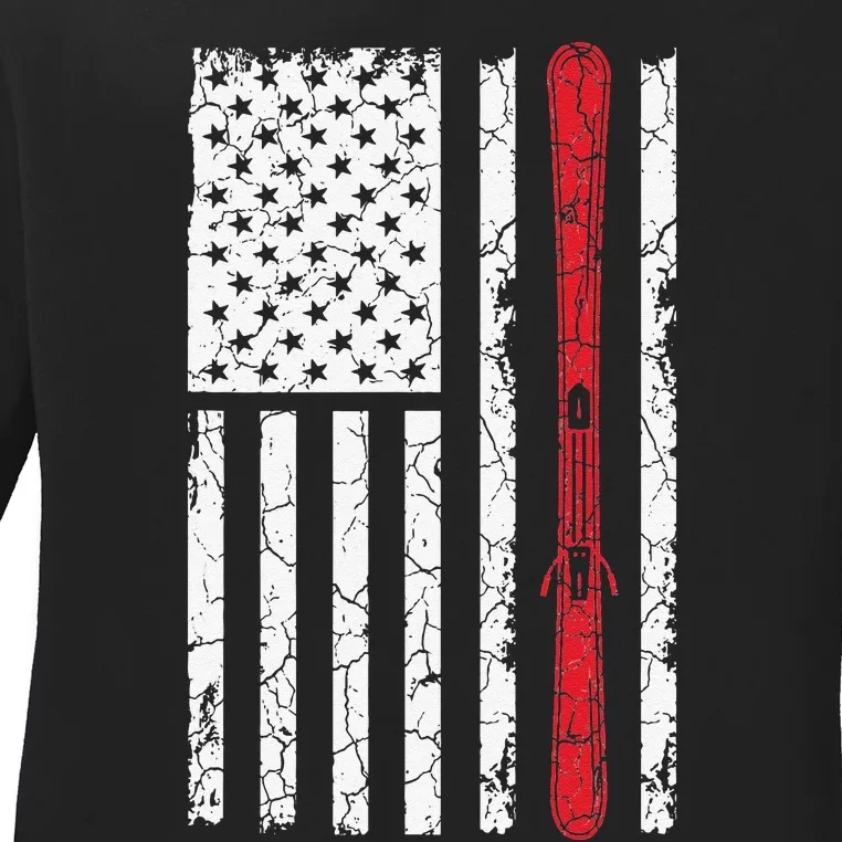 Ski Skiier American Flag Skiing USA Ladies Long Sleeve Shirt