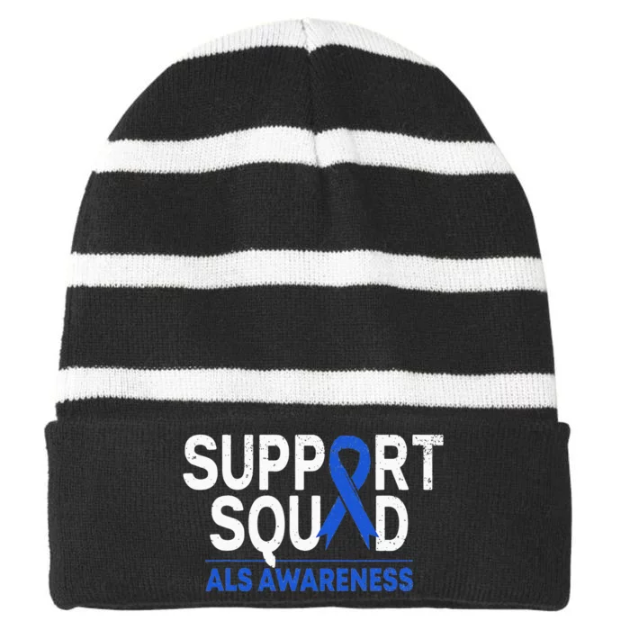 Support Squad ALS Awareness Month Blue Ribbon Support Team Striped Beanie with Solid Band