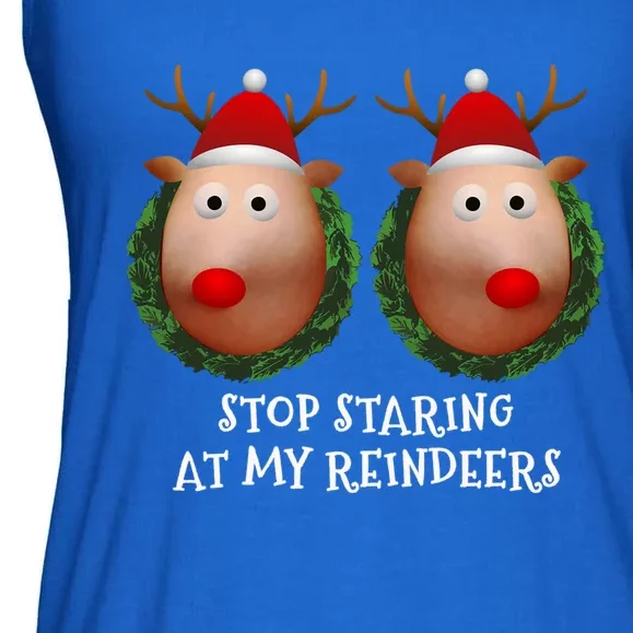 Stop Staring At My Reindeers Boobs Ugly Gag Xmas Sweater Funny Gift Ladies Essential Flowy Tank