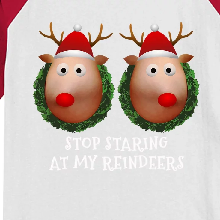 Stop Staring At My Reindeers Boobs Ugly Gag Xmas Sweater Funny Gift Kids Colorblock Raglan Jersey