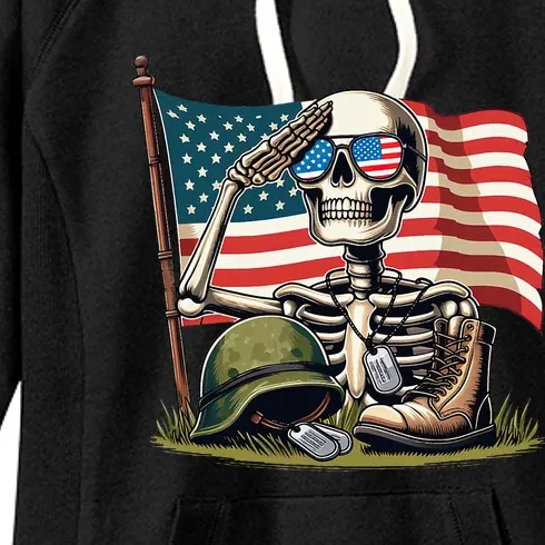 Salute Skeleton American Usa Flag Memorial Day Women's Fleece Hoodie