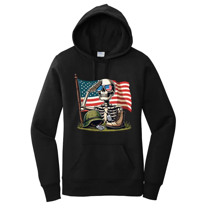 Salute Skeleton American Usa Flag Memorial Day Women's Pullover Hoodie