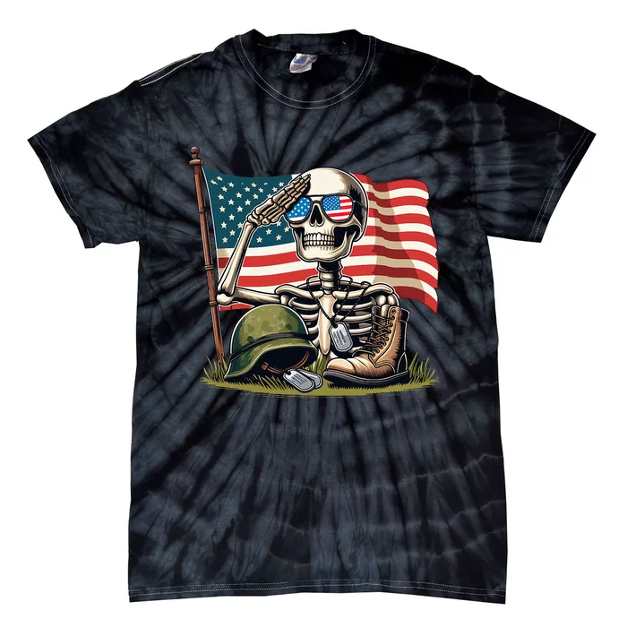 Salute Skeleton American Usa Flag Memorial Day Tie-Dye T-Shirt