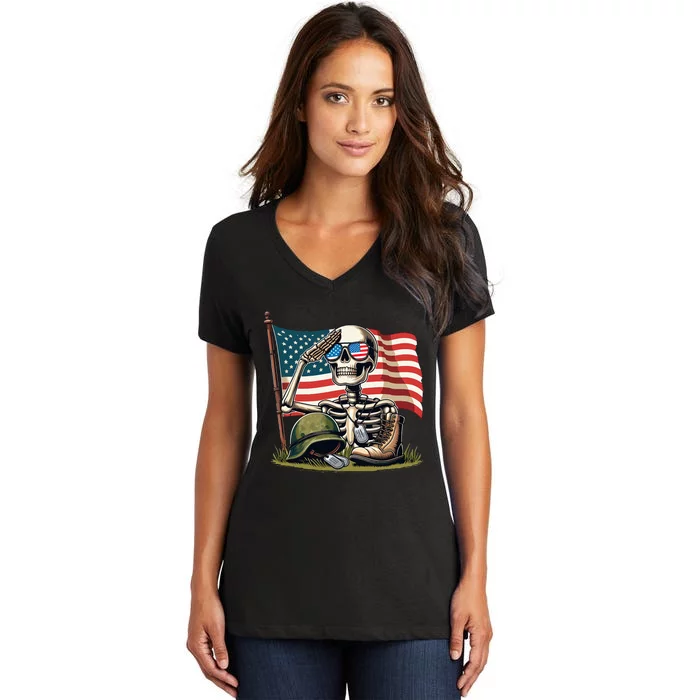 Salute Skeleton American Usa Flag Memorial Day Women's V-Neck T-Shirt