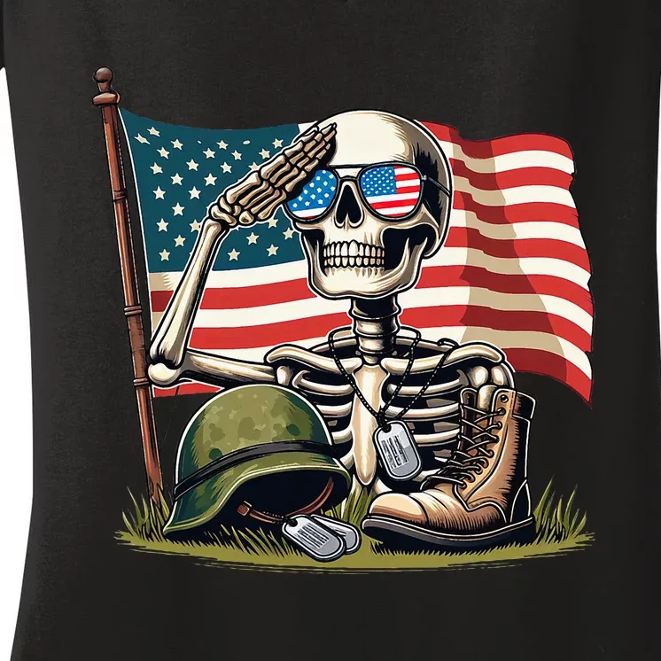 Salute Skeleton American Usa Flag Memorial Day Women's V-Neck T-Shirt