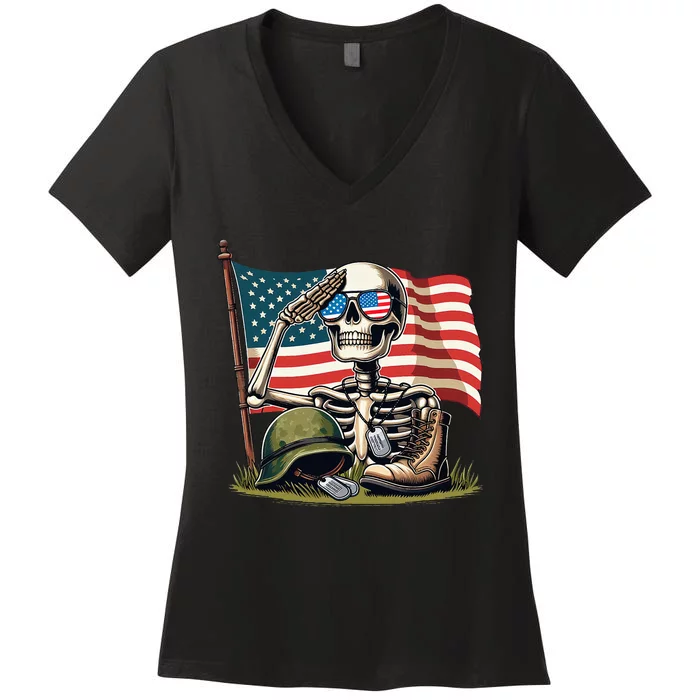 Salute Skeleton American Usa Flag Memorial Day Women's V-Neck T-Shirt