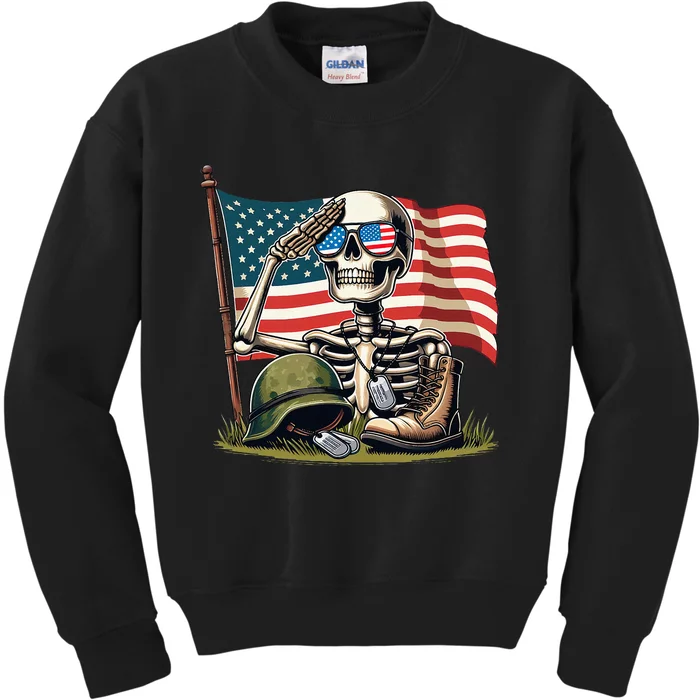 Salute Skeleton American Usa Flag Memorial Day Kids Sweatshirt