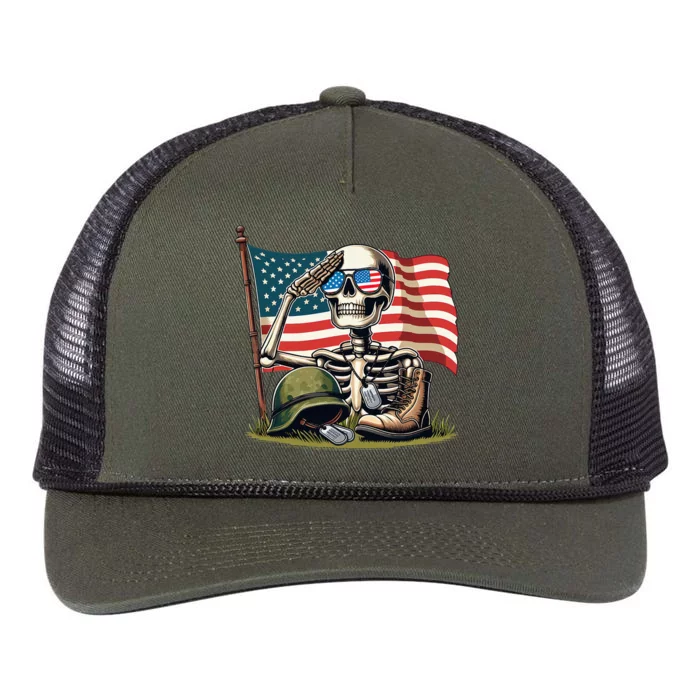 Salute Skeleton American Usa Flag Memorial Day Retro Rope Trucker Hat Cap