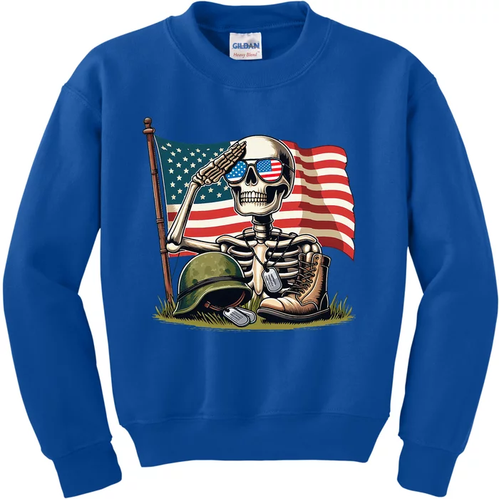 Salute Skeleton American Usa Flag Memorial Day Kids Sweatshirt