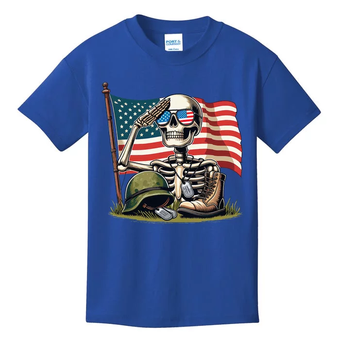 Salute Skeleton American Usa Flag Memorial Day Kids T-Shirt