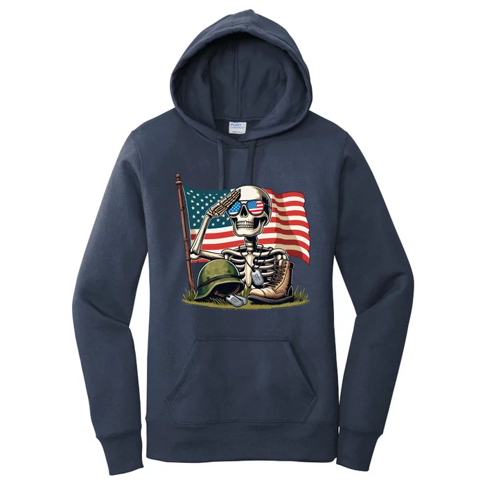 Salute Skeleton American Usa Flag Memorial Day Women's Pullover Hoodie