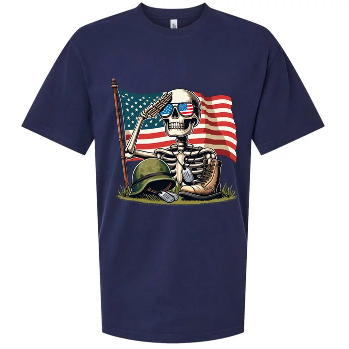 Salute Skeleton American Usa Flag Memorial Day Sueded Cloud Jersey T-Shirt