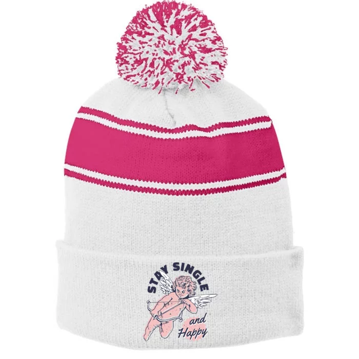 Stay Single And Happy Anti Valentines Day Cupid Stripe Pom Pom Beanie