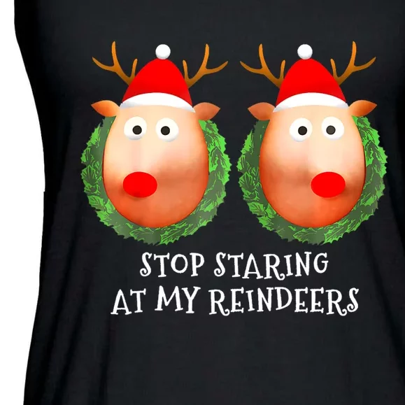 Stop Staring At My Reindeers Boobs Ugly Gag Xmas Sweater Ladies Essential Flowy Tank