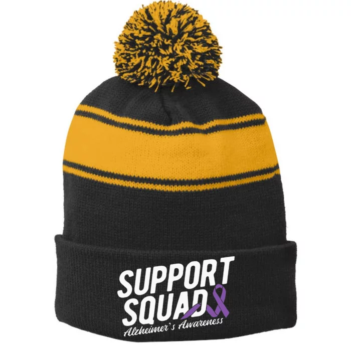 Support Squad Alzheimers Awareness Stripe Pom Pom Beanie