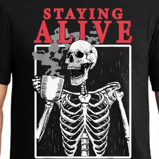 Skeleton Staying Alive Drinking Coffee Funny Skeleton Skull Pajama Set