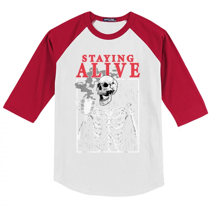 Skeleton Staying Alive Drinking Coffee Funny Skeleton Skull Kids Colorblock Raglan Jersey