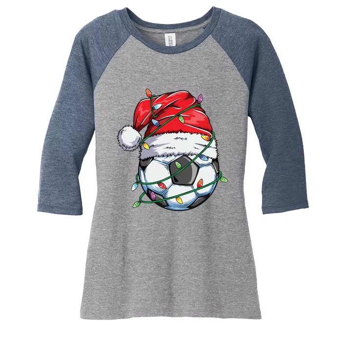 Santa Soccer Ball Sports Design Christmas Soccer Player Women's Tri-Blend 3/4-Sleeve Raglan Shirt