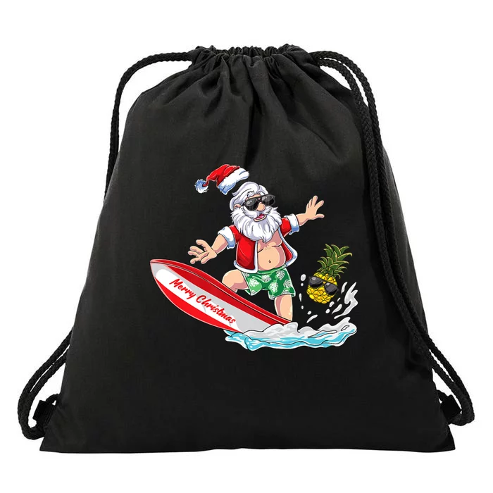 Surfing Santa Beach Holiday Plams Christmas In July Surf Drawstring Bag