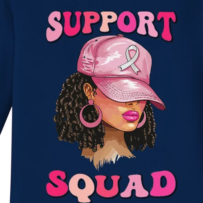 Support Squad Breast Cancer Awareness Messy Bun Black Woman Baby Long Sleeve Bodysuit