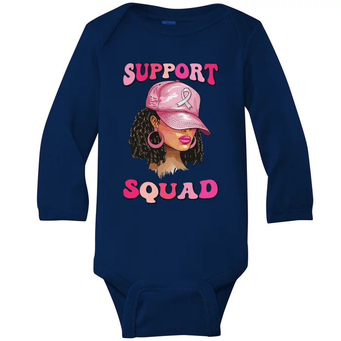 Support Squad Breast Cancer Awareness Messy Bun Black Woman Baby Long Sleeve Bodysuit