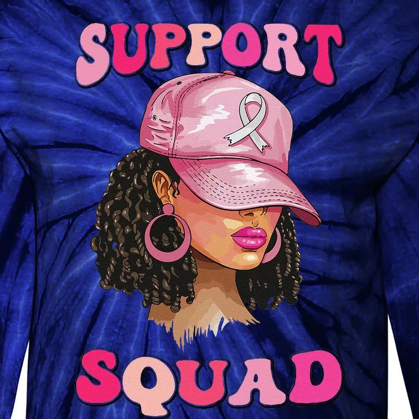 Support Squad Breast Cancer Awareness Messy Bun Black Woman Tie-Dye Long Sleeve Shirt