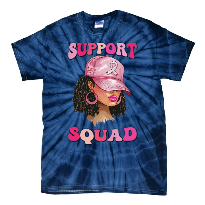 Support Squad Breast Cancer Awareness Messy Bun Black Woman Tie-Dye T-Shirt