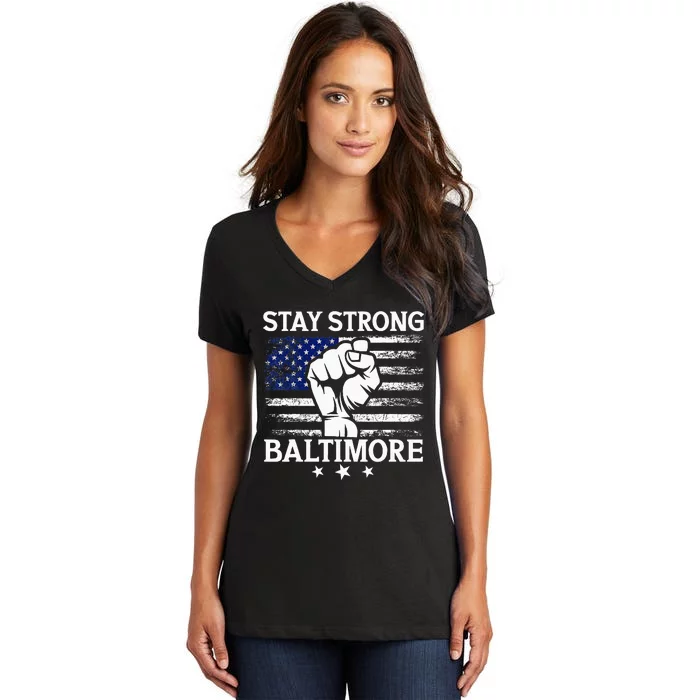 Stay Strong Baltimore White Raised Hand Fist Women's V-Neck T-Shirt