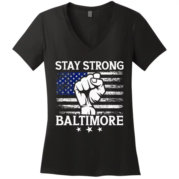 Stay Strong Baltimore White Raised Hand Fist Women's V-Neck T-Shirt