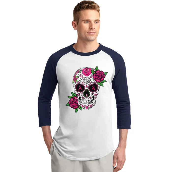 Sugar Skull Breast Cancer Awareness Calavera Baseball Sleeve Shirt