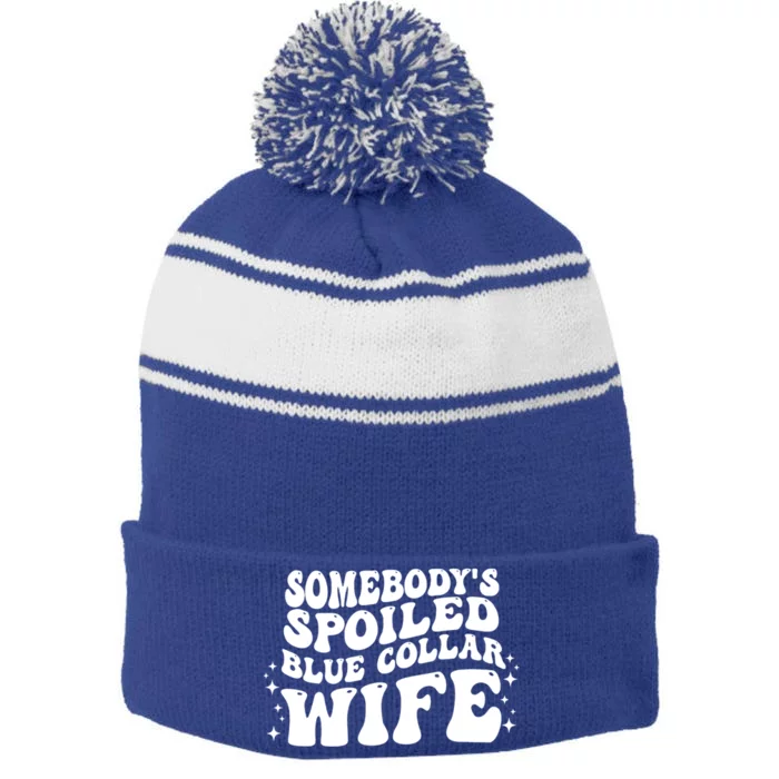 Somebody's Spoiled Blue Collar Wife Funny Wavy Retro Groovy Stripe Pom Pom Beanie