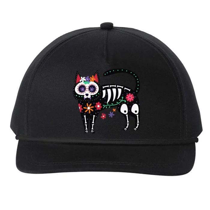 Sugar Skull Black Cat Day Of Dead Cute Mexican Skeleton Snapback Five-Panel Rope Hat