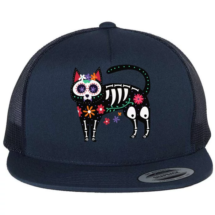 Sugar Skull Black Cat Day Of Dead Cute Mexican Skeleton Flat Bill Trucker Hat