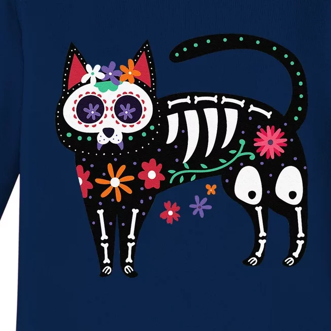 Sugar Skull Black Cat Day Of Dead Cute Mexican Skeleton Baby Long Sleeve Bodysuit