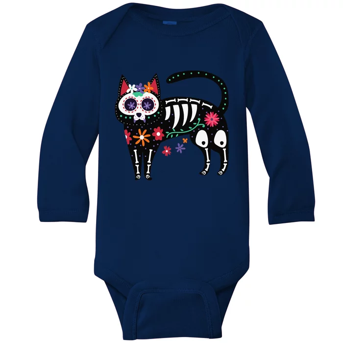 Sugar Skull Black Cat Day Of Dead Cute Mexican Skeleton Baby Long Sleeve Bodysuit