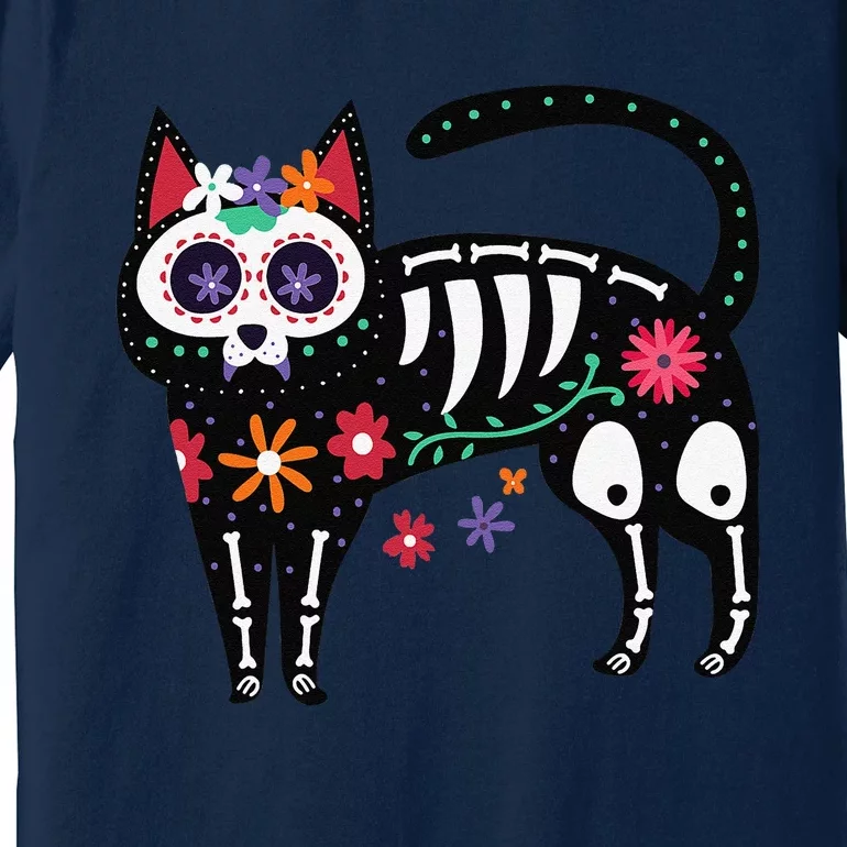 Sugar Skull Black Cat Day Of Dead Cute Mexican Skeleton Premium T-Shirt