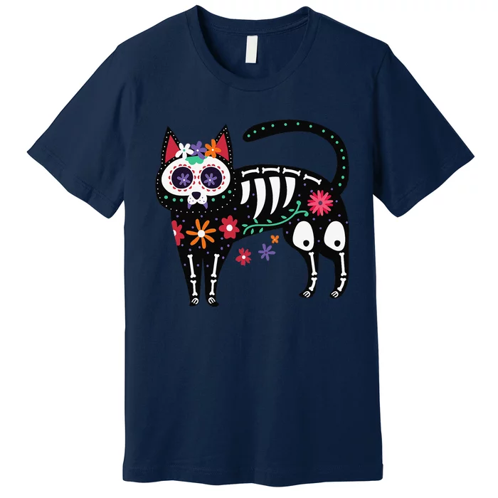 Sugar Skull Black Cat Day Of Dead Cute Mexican Skeleton Premium T-Shirt