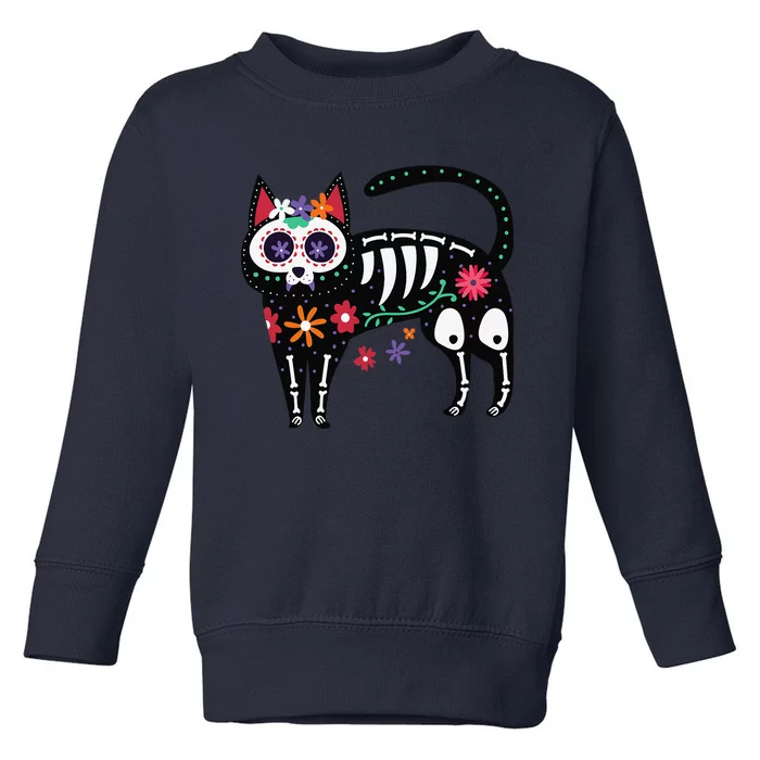 Sugar Skull Black Cat Day Of Dead Cute Mexican Skeleton Toddler Sweatshirt