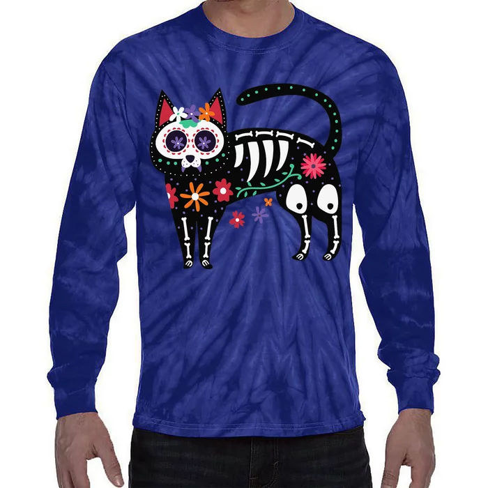 Sugar Skull Black Cat Day Of Dead Cute Mexican Skeleton Tie-Dye Long Sleeve Shirt