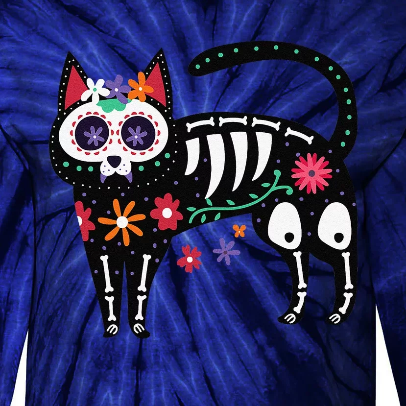 Sugar Skull Black Cat Day Of Dead Cute Mexican Skeleton Tie-Dye Long Sleeve Shirt